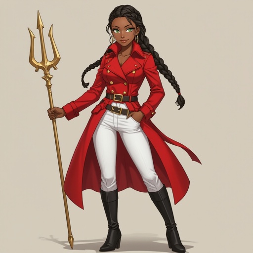 human, african american, woman, red double-breasted greatcoat, white pants, black boots, belts, trident, braid, green eyes, smiling, thicker woman,