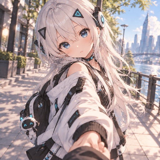 a woman with long white hair holding a gun