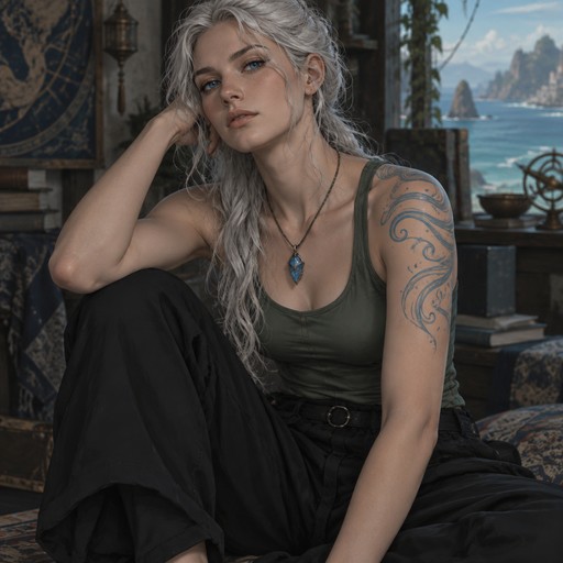 a silver-haired woman with ocean blue eyes, wearing a blue quartz pendant and dressed in loose black trousers and a green tank top. Has blue tattoos over one shoulder that resemble air currents.