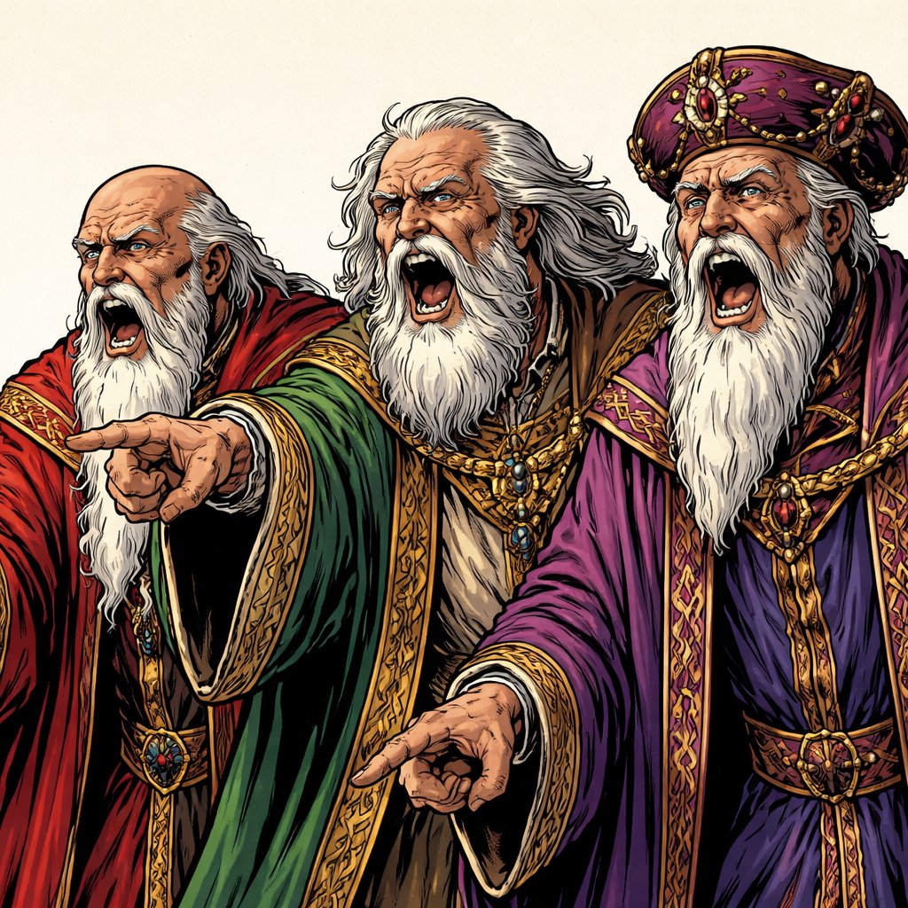 Realistic refined. Not caricature three very old men in ornate renaissance robes are standing yelling. They face left toward an unseen person. The background is plain no speech bubbles.