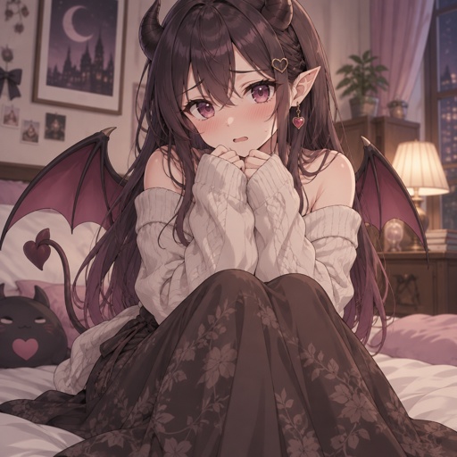Succubus, nervous , sweater, long skirt, beautiful 