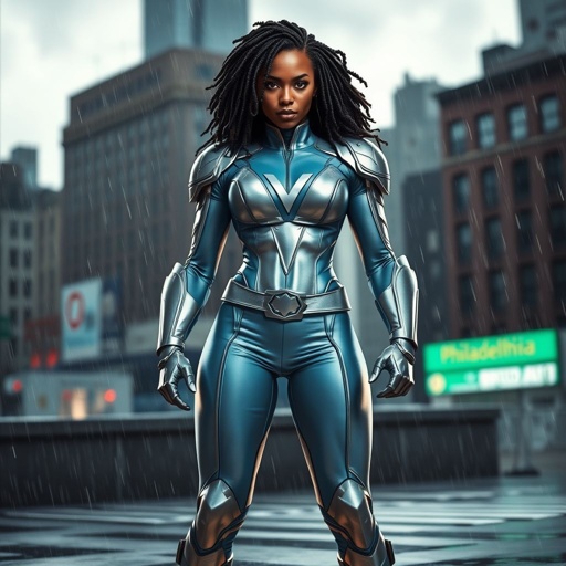 African American female superhero with locs in a shoulder length style wearing a leather slightly armored light blue and silver suit with light blue pants and silver boots and a V as her chest emblem standing in Philadelphia during a storm