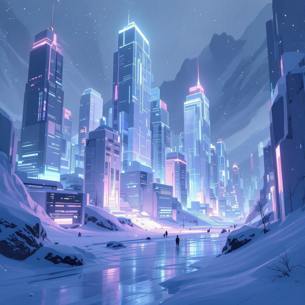 Snow climate with white buildings and lights