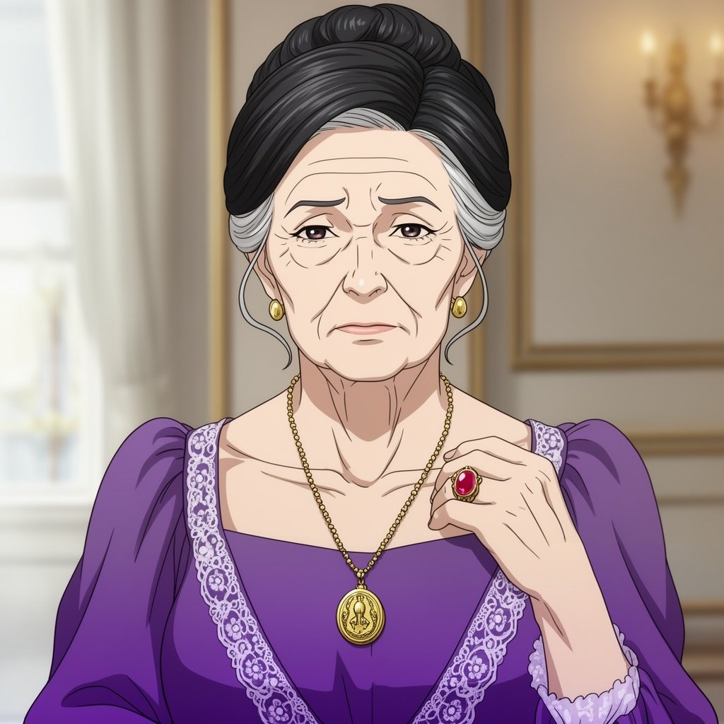 Old woman, fancy purple dress, black hair with streaks of gray in it, hair is pinned up, ruby ring, Neutral look on her face, gold locket