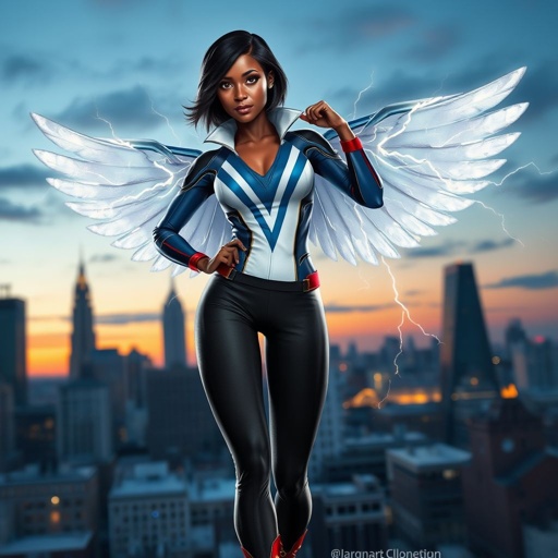 African American female superhero with shoulder length hair in a side part style and wings made of white lightning wearing a slightly homemade  white blue and black suit with black pants with a stylized V as her chest emblem wearing red flat boots made of gold standing in Philadelphia at dusk