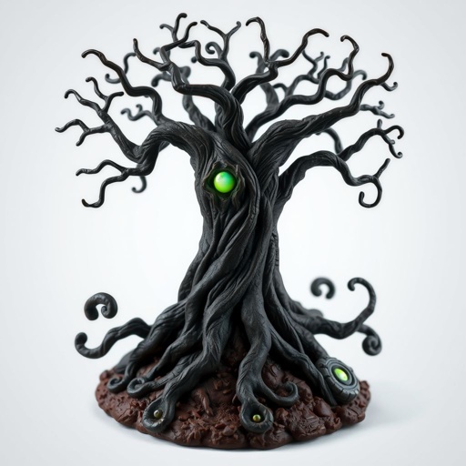 Give me a image of a dark  magic tree, with roots in the bottom