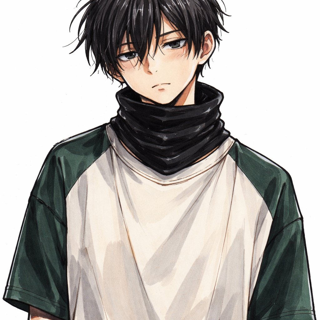 An 18-year-old boy with short hair, longer bangs on the right side falling over his right eye, a loose middle part, and shorter bangs on the left side slightly covering the left eye. He has hooded gray eyes and an expressionless face with a subtle hint of sadness. He is wearing an oversized t-shirt with a dark green section on the shoulder. A black ski mask worn as a tight neck gaiter, snug around the neck, tube-shaped, not covering the face.