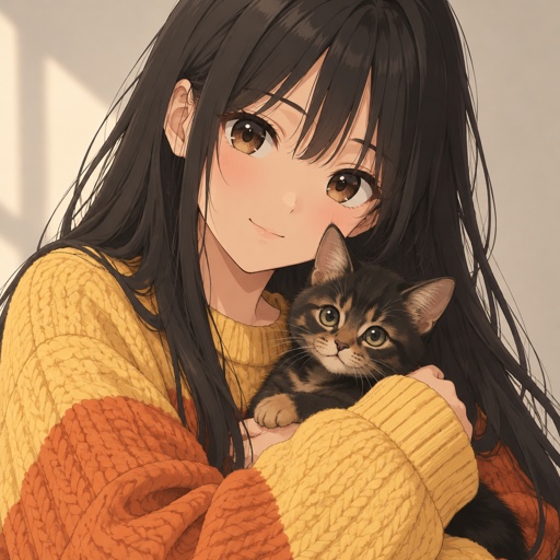Mädchen mit langen schwarzen Haaren und einem gelb orange gestrickten Pullover und schwarz brauner Kätzchen