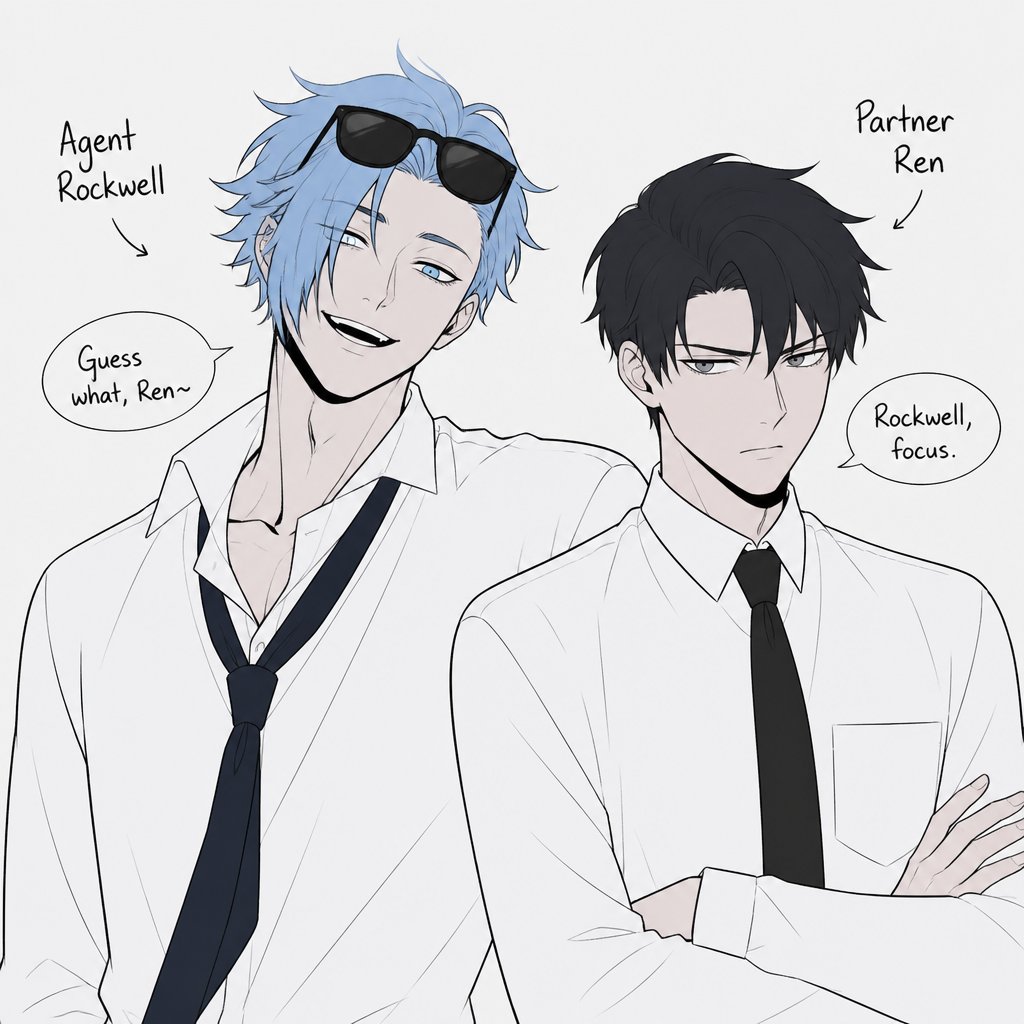 Comic Anime Agent Rockwell very poof up messy hair half side longer and drooped down hair is a light blue skin color white,very bright blue eyes,wears a suit tie is loose,he doesn't wear his jacket his collar to his shirt is uneven sunglasses on his head He's know for his mischievous and reckless behavior but takes missions very seriously is one of the best agents they have Ren is Rockwell's partner is very serious and organized opposite of Rockwell, get very annoyed at Rockwell's behavior they tend to argue with each other but Rockwell is more of having fun