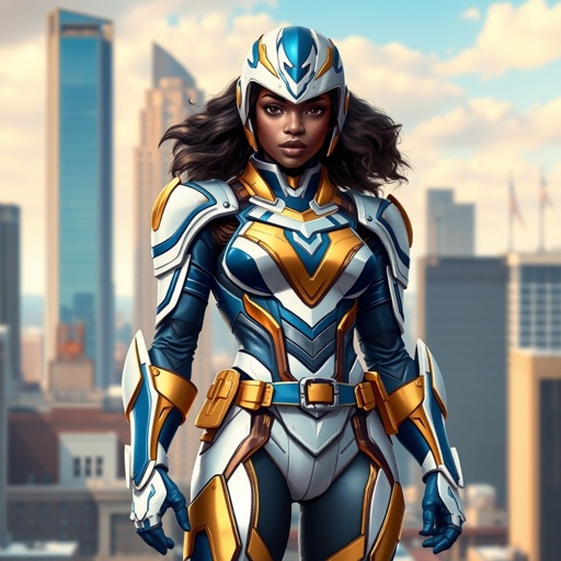 A teenage African American female superhero with slightly curly hair in a shoulder length side part style wearing a polyester armored white and blue suit with gold accents and a stylized V as her chest emblem a utility belt and gold boots standing in Philadelphia