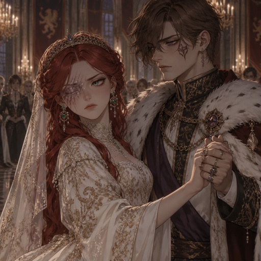 A princess, red hair swooped more on the right side hair is not blowing ,green eyes, right eve is scar and blind I,earrings, A prince, brown hair down to his neck, part of his hair is dropping down the right side of his head covering his eye a little more, beauty mark on right side cheek, cheekbones, purple eyes nice eyelashes, three earrings, multiple rings some with diamonds some jade some just golden have an arranged marriage both aren't happy about it it's there wedding day princess dressed an a beautiful royal wedding dress, prince in a royal wedding outfit dancing in the ballroom
