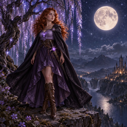 a woman in a purple dress standing on a cliff