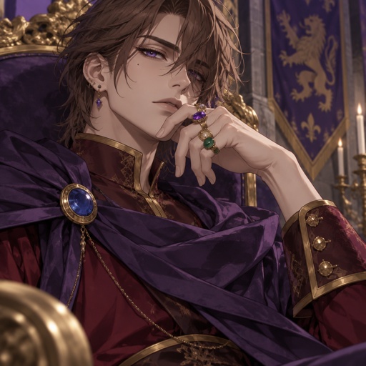 A prince,brown hair down to his neck,part of his hair is dropping down the right side of his head covering his eye a little more,beauty mark on right side cheek,cheekbones,purple eyes nice eyelashes,three earrings,multiple rings done with diamonds some jade some just golden,wearing a purple cape with a blue circular jewel with a gold rim around it on the left side of his cape,red shirt with a golden rim from the collar down the shirt,sleeves are folded with golden rim around it and in the middle the sleeves three buttons in the middle of sleeves,has a sassy and serious look 