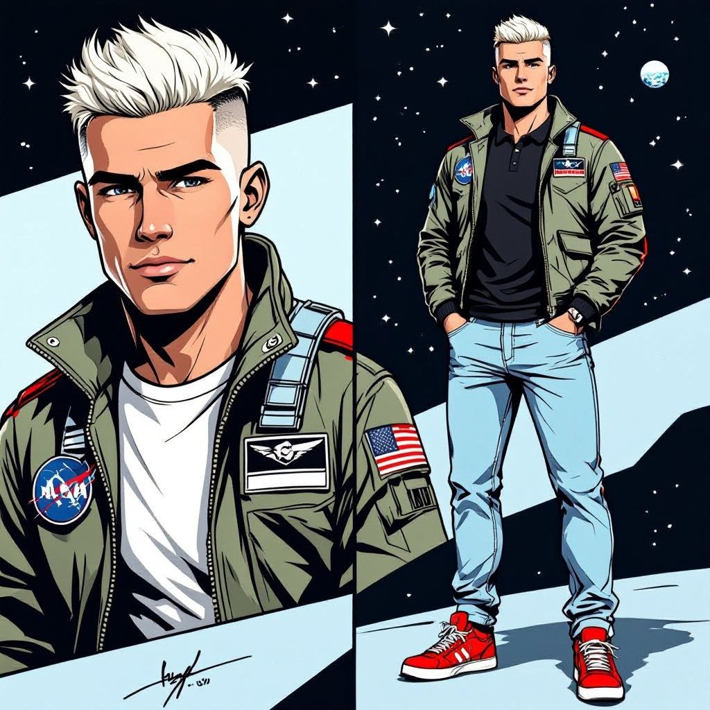 man with Platinum Blonde Military Buzzcut Hair. Astronaut Flight Jacket Black And White Polo and Light blue denim jeans with red sneakers