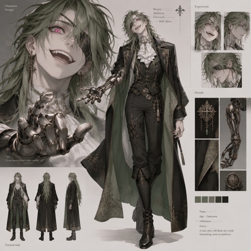 Male,green long hair,one pink eye the other eye is blind, excited,pale skin,fancy, robotic arm