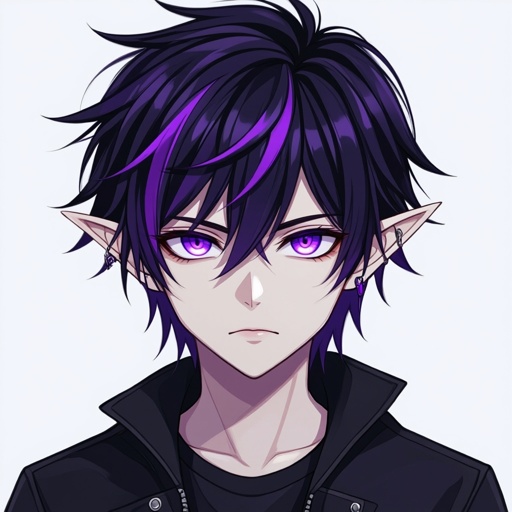 Anime boy, emo, black and purple streaks in hair, elf ears, glowing purple eyes