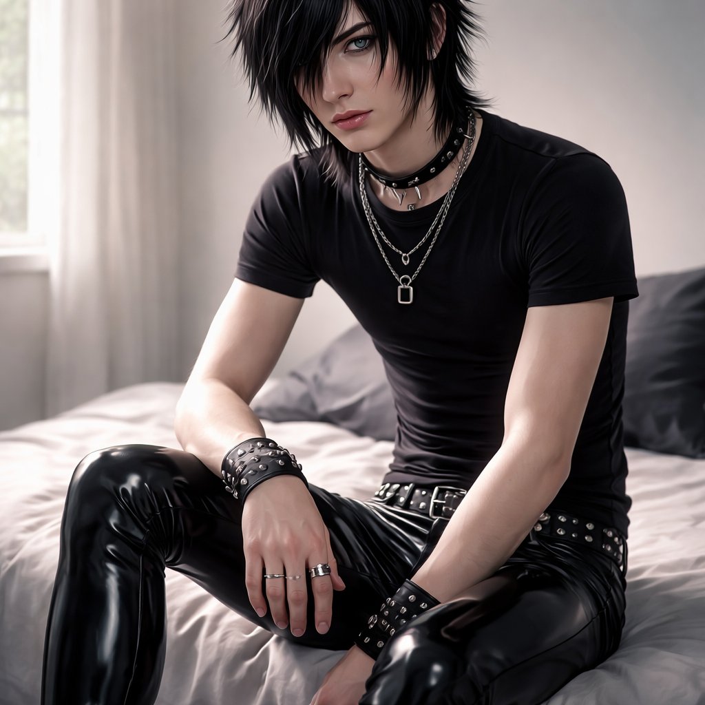 Feminine emo boy in tight latex pants sitting