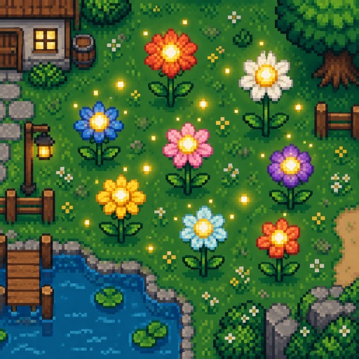 flowers with glowing centers used for magic for a fantasy game set in modern times, top down style