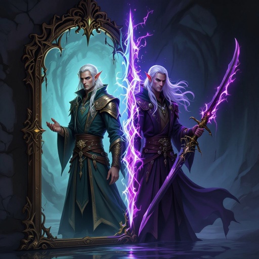A mirror reflection of the same male High-Elf Wizard with split personality with one that’s cautious and uses intellect while being afraid of his other half Alastor who wants to be free spirited and not care what to do with a dark and evil sword