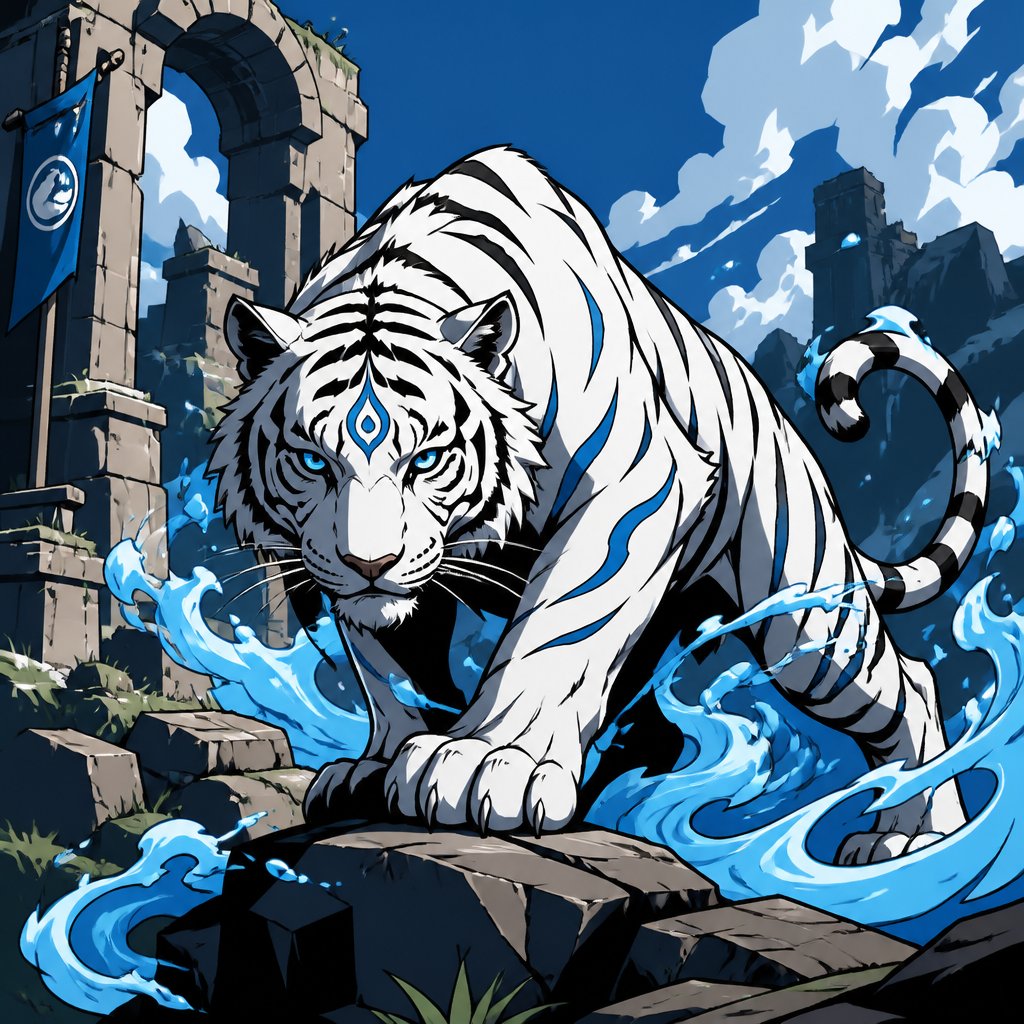 White tiger water element, location the outskirts of a ruin