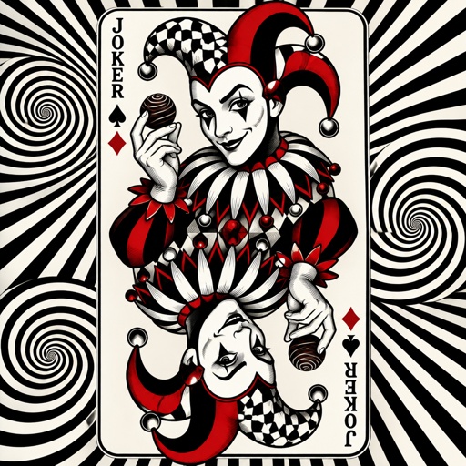 Jester holding a candy truffle on in a bicycle playing card style   