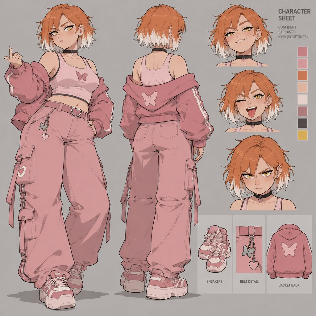 Female, teen, short orange hair white tips, slightly chubby, yellow eyes, wears pink, sassy,