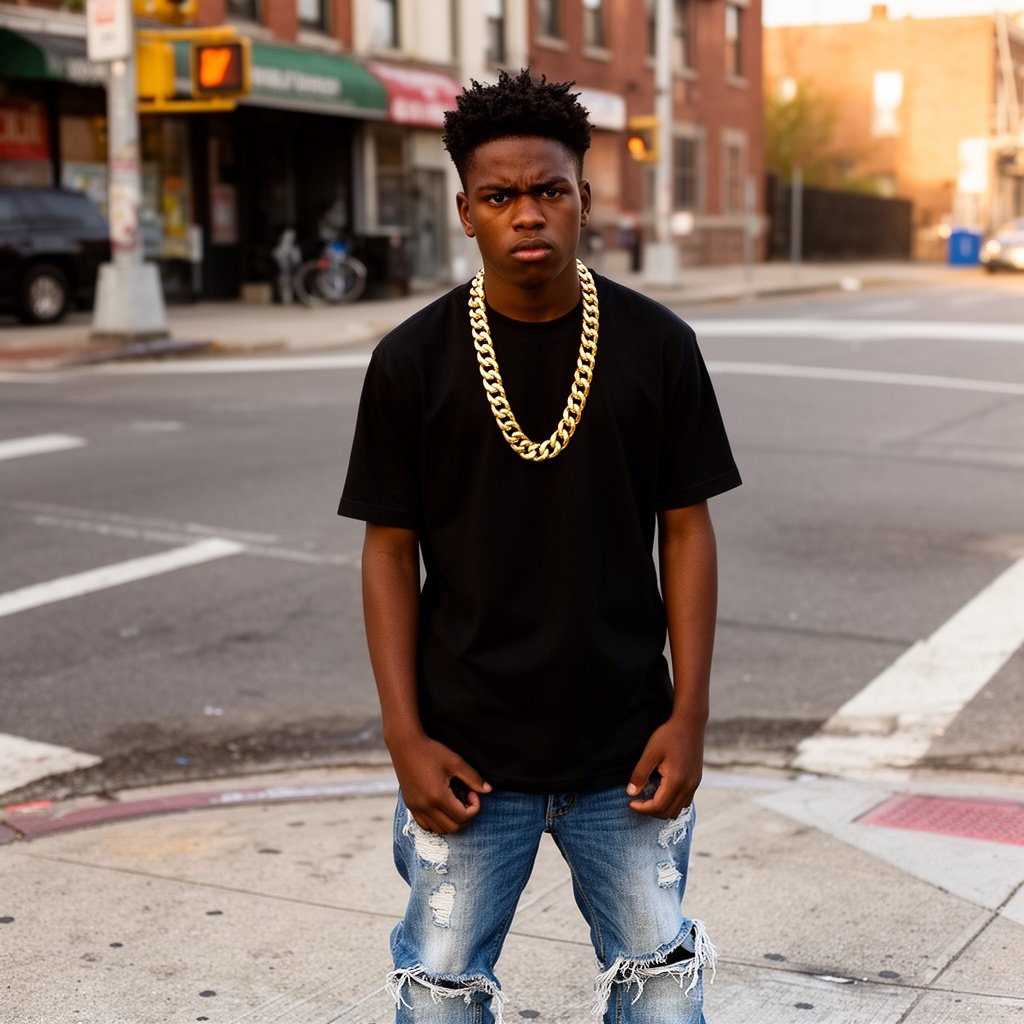 Black teenage boy gangster wearing ripped jeans and gold chain