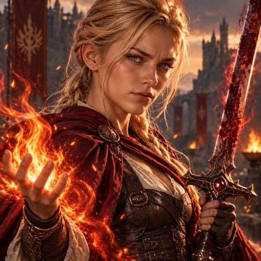 a woman in a red cape holding a sword