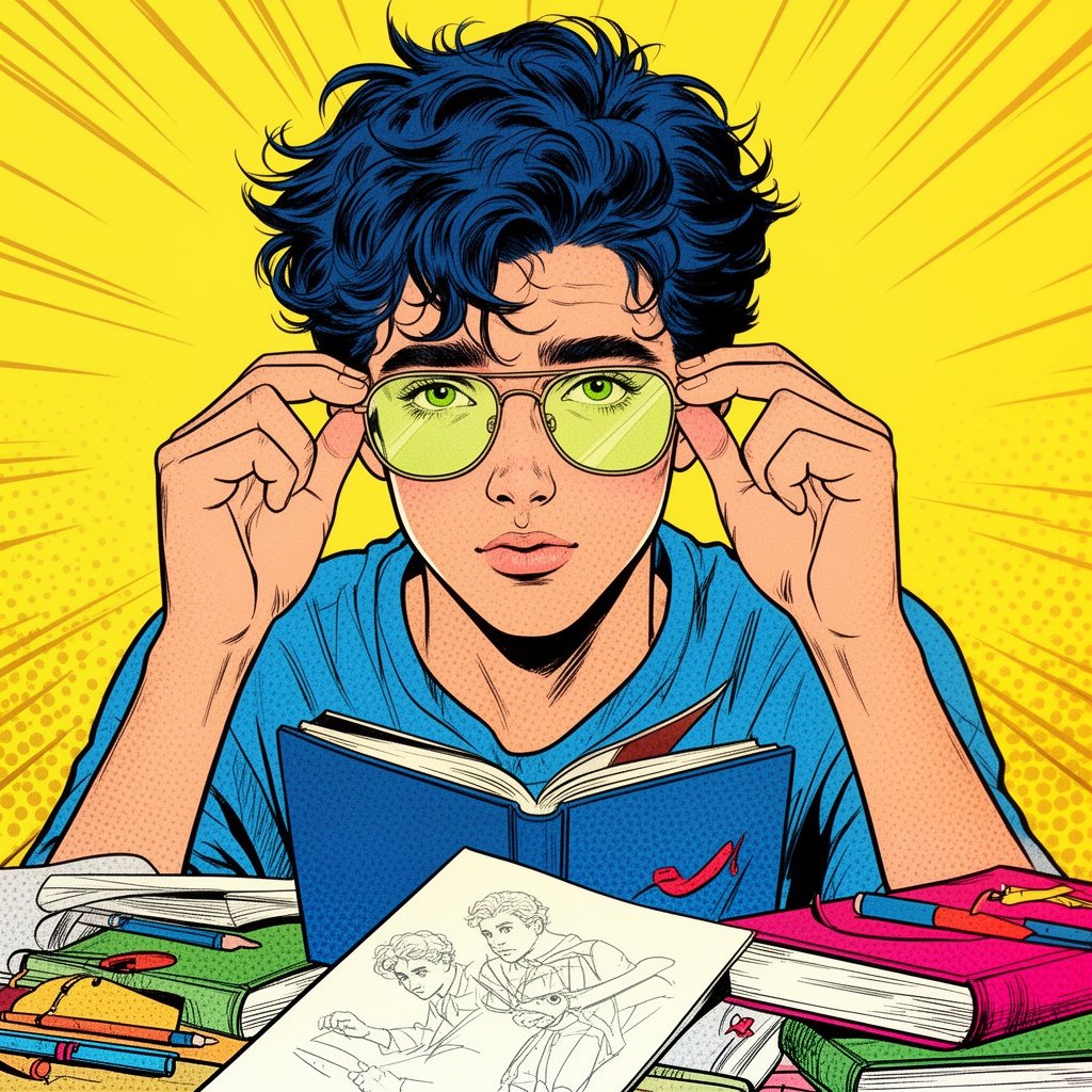 My description: I’m only 20 years old boy and I have these light lime green eyes, messy long darkish blue hair, long glasses, habit with adjusting my glasses, mute, reading books,sketching, loves Japanese foods.