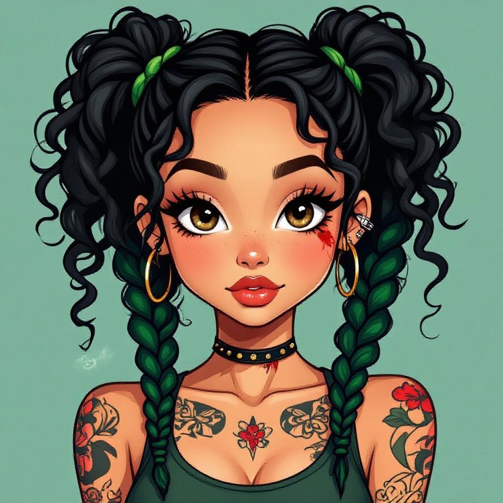 Light skin female brown eyes tattoos with sia blades and blood with black and green curly hair in pigtail buns