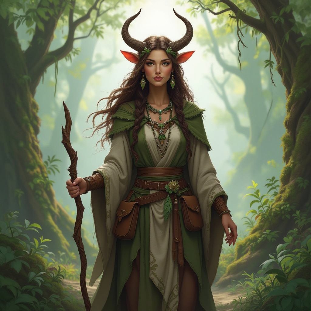 A female Firbolg (bovine-folk) Druid