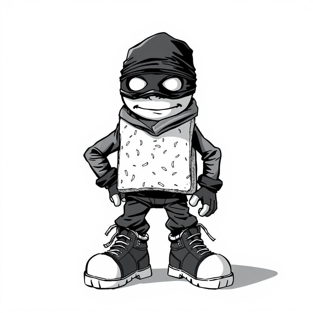 Create a funny looking clumsy sandwhich thief with funny shoes on. Make him have on the bandit black thing around his eyes
