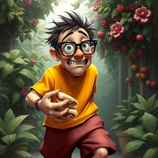 Create a funny looking clumsy sandwhich thief 