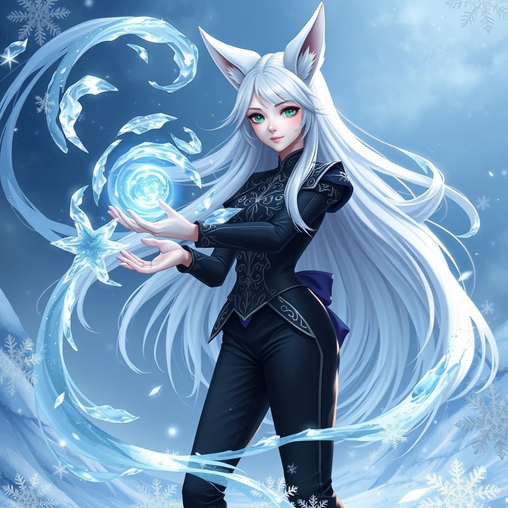 A teenage girl with pale skin and emerald eyes wearing black royal top and trousers with long white hair and small fox ears conducting ice