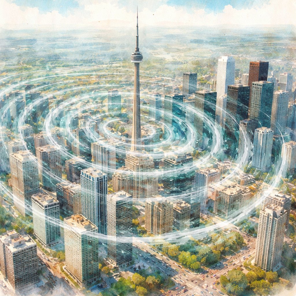 Close to buildings Drone view color Sound waves travelling across downtown Toronto on a bright beautiful day. no water.