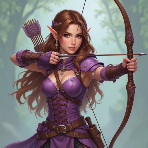 Beautiful female half elf ranger with honey brown hair and beautiful brown eyes with pastel purple clothes