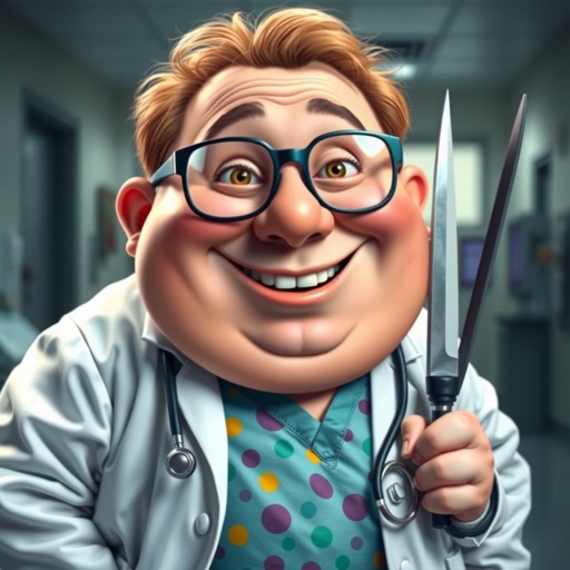 .. create a fat doctor. Who is funny human looking from head to toe. And he always immediately results to surgery for anything even small things. So please be sure to show his whole outfit head to toe. Make him have 1 tooth. Make it more adult humor instead of cartoon humor.