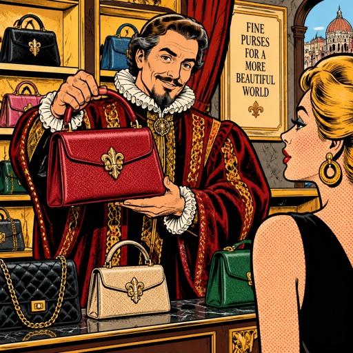 A very high-end boutique, a gentleman salesman dressed in ornate Renaissance robes is behind the counter. He’s holding a fashionable woman’s purse toward the camera. There are several other purses on the counter and behind him no speech bubble no print, dots vivid colors, highly realistic.