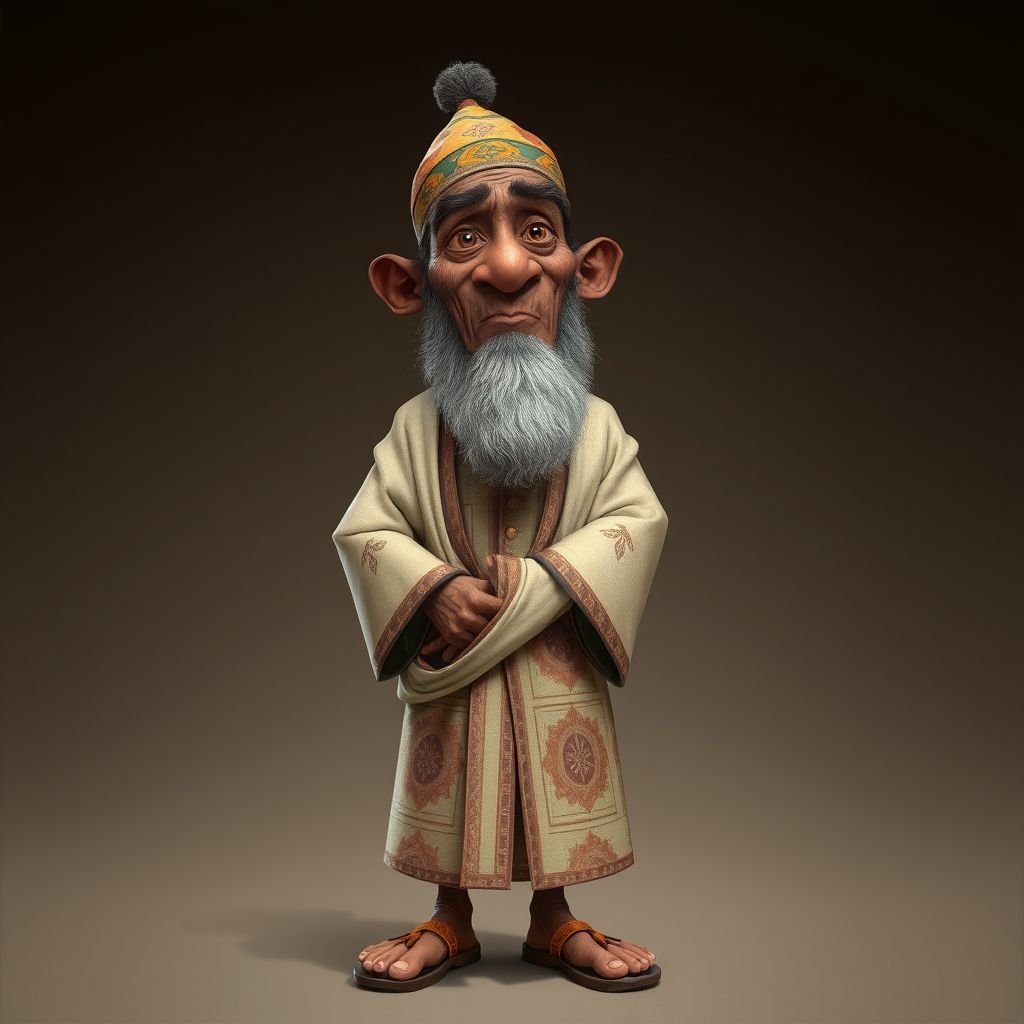 Create a funny looking African sensei. Show the whole character from head, body , legs , feet and make him serious. 