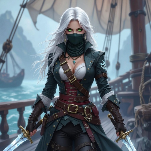 Pirate captain female 5’7 tall platinum hair almost white bright green eyes human keeps face covered 130 lbs Ghost form tattoo on right arm two wielding crystal rapier blades rouge pirate captain