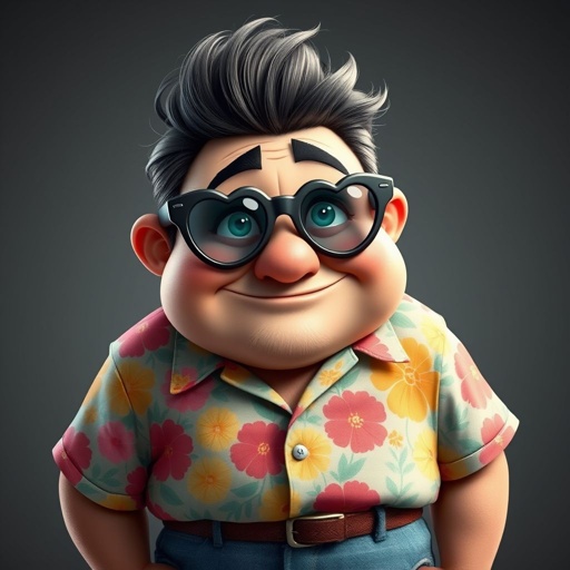 Create a adult character head to toe who is chunky , funny looking but swears he’s a lover boy.