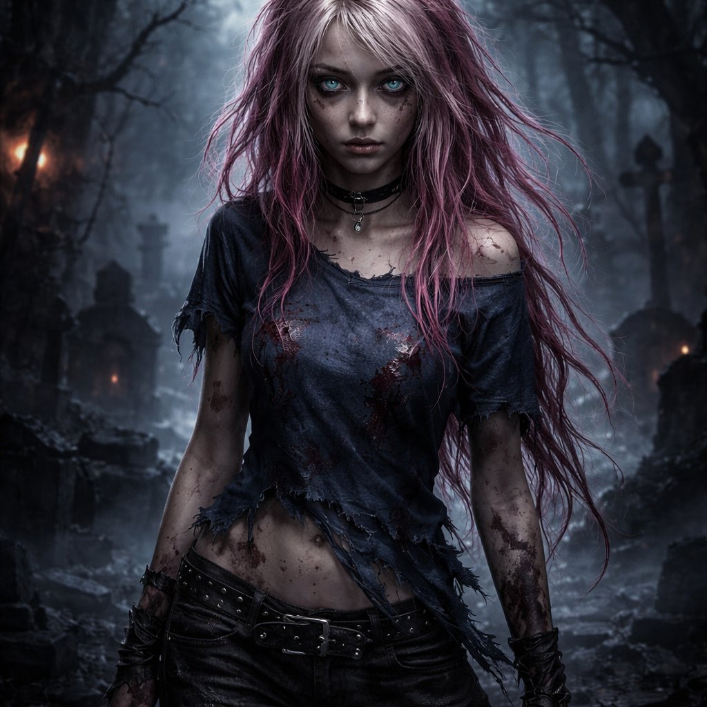 A 17 year old girl who has pink hair with white stripes and has blue eyes. She is wearing a blue shirt and black pants. She looks shy but also strong.