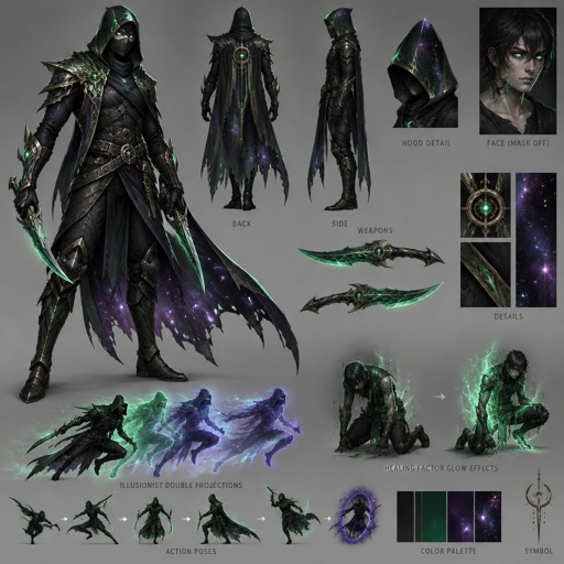 assassin green shiny cosmos color mostly black, healing factor, illusionist