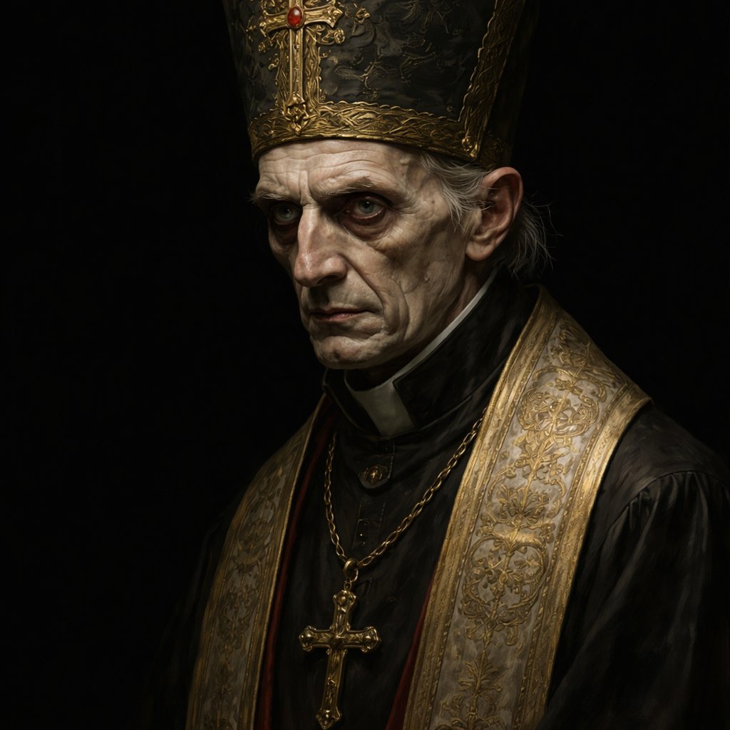 Realistic, refined likestrange priest we see him in three-quarter view from the left. The background is black. There are no speech bubbles.