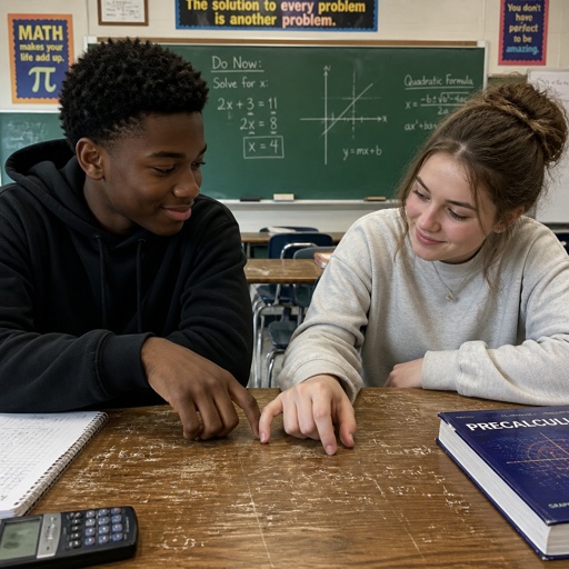 A in a math classroom and one of them has a black hand and one of them has a white hand. The pinkies almost touched on the maths tabke 
