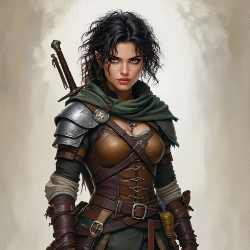 Thalia is compact and wiry, built like a coiled spring rather than a sturdy farmer. Her hair is a mess of dark curls she cuts with a knife whenever they get bothersome. Her eyes are sharp, grey, and always calculating. Scuffed leather armor hangs a little loose on her frame, patched in places where teeth or blades once took a bite. Halfling Fighter