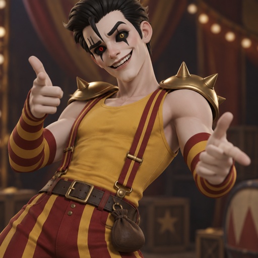 Male, white white skin, black slick back spiked hair, one hair strand on forehead, completely black eyes, one red one yellow pupil, one black spike under eyes, black lines above lines under eyebrows, big smile, sleeveless yellow shirt, red suspenders with yellow stripes poofy on the bottom, red and yellow striped arm warmers, gold shoulder pads, small brown sack attached to belt, funny pose