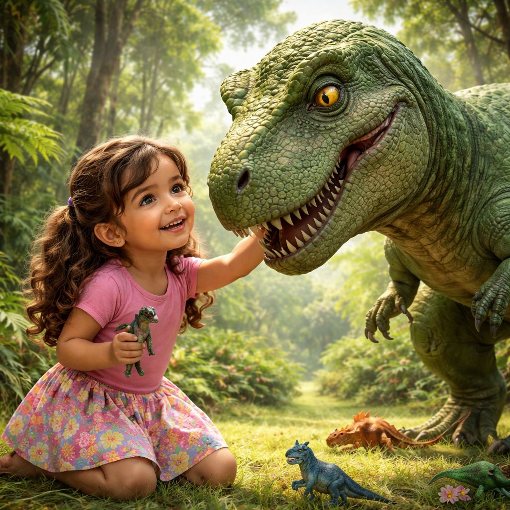 Realistic illustration of 6 year old Hispanic girl with T. rex in jungle clearing