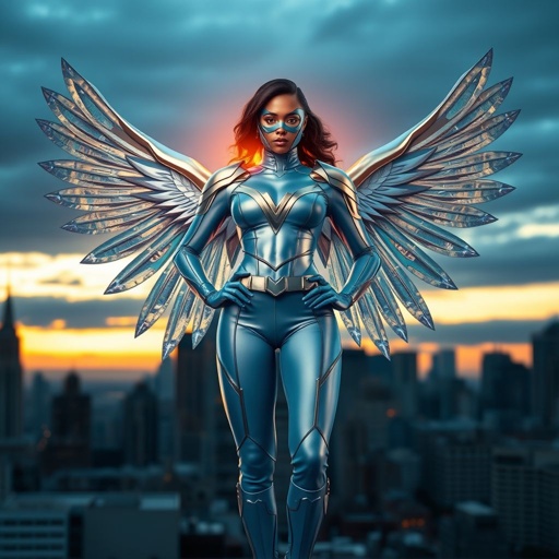 African American female superhero wearing a domino mask and a leather slightly armored light blue and silver suit with light blue pants and silver boots and a V as her chest emblem with crystal wings standing in Philadelphia at dusk