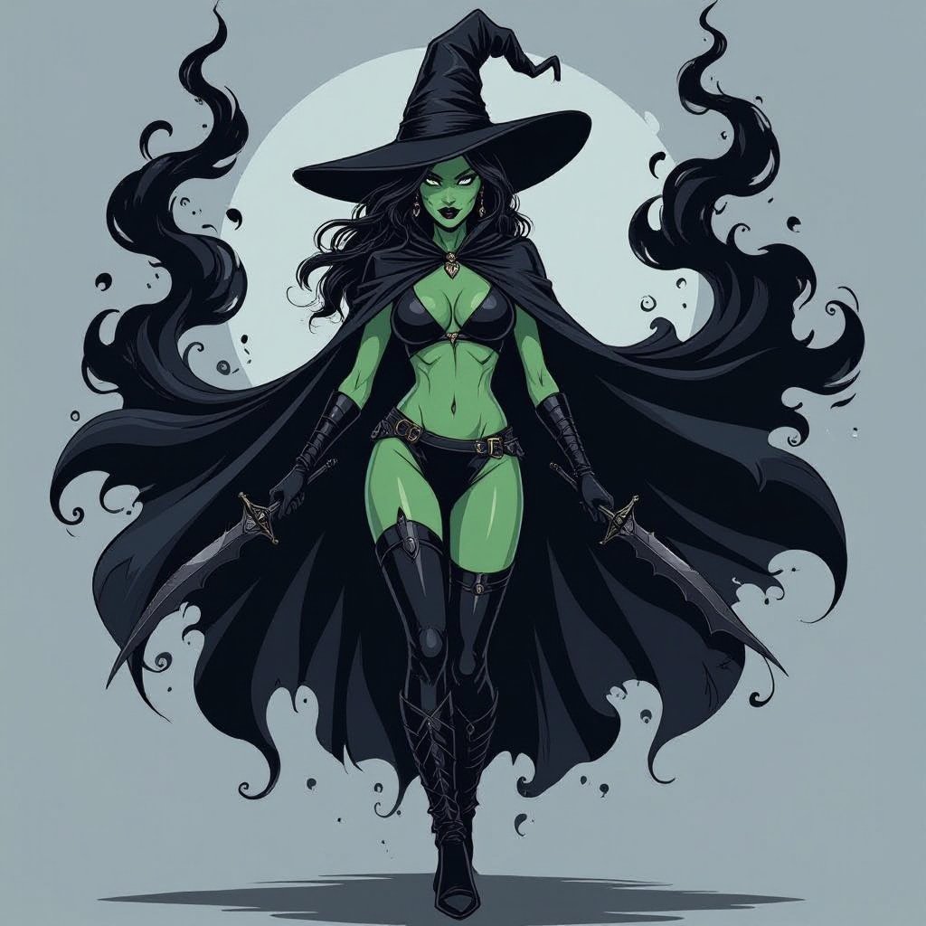 sexy shadow demon witch gypsy slate grey skin large black billowing cloak that emits darkness and shadow smoke. Two piece. Witches Hat. Wields Black Evil Shadow Smoke Daggers